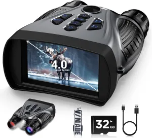 Night Vision Goggles, Night Vision Binoculars 4K, 4.0" HD Screen Binoculars, 10X Digital NightVision for Adults, 9 Gear Infrared, 4000mAh Battery Gray with 32GB TF Card