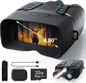 Night Vision Goggles, Night Vision Binoculars for Adult, 4.0” Screen, 4K UHD Video & 40MP Image, 8X Digital Zoom, 32GB Card, 2000FT Infrared Binoculars with Tactical Light