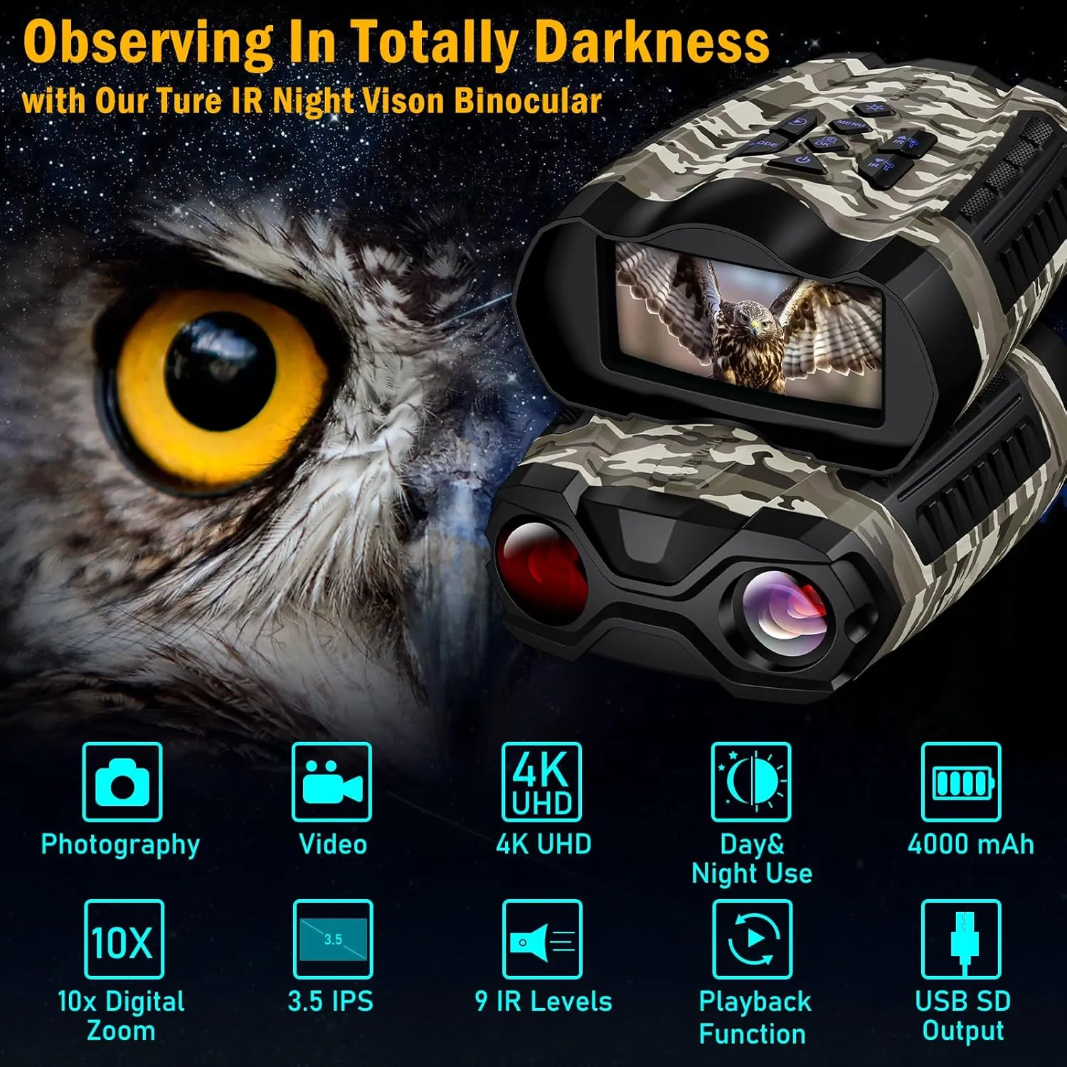 Night Vision Goggles,4000mAh Rechargeable Binoculars for Adults with 3.5" Screen and 32GB Memory Card for 36MP Photo and 4K Video,9 Gear Infrared and 10X Digital Zoom for Outdoor Enthusiasts