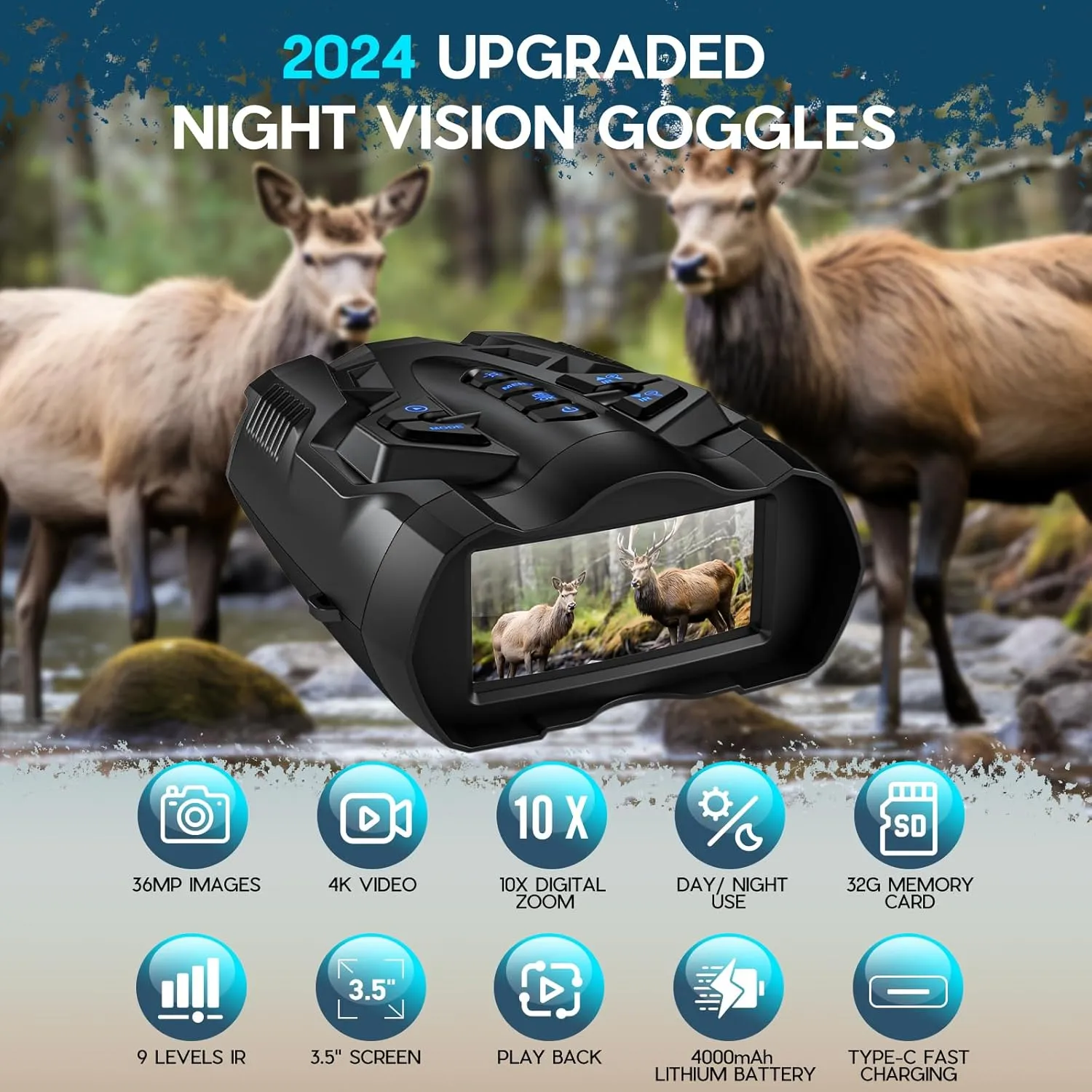 Night Vision Goggles,4K Night Vision Binoculars for Adults,3.5 Inch Screen,9 Levels IR Mode and 10X Digital Zoom for Outdoor Enthusiasts and Animal Watchers,32GB TF Card for Photos and Videos