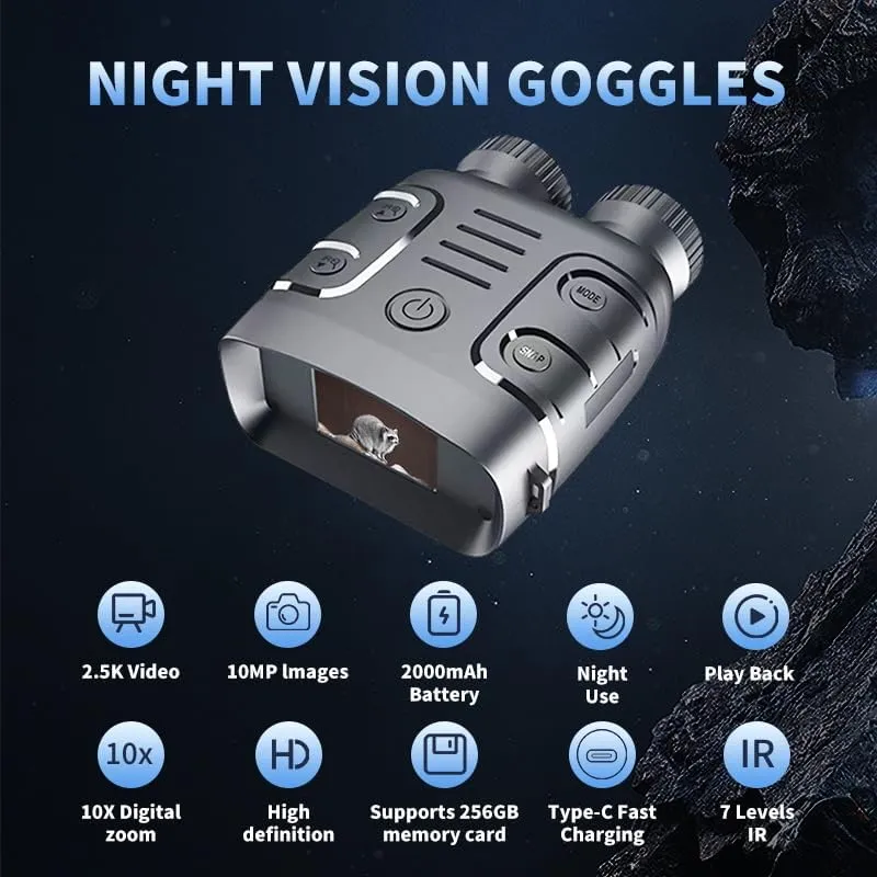 Night Vision Goggles,Night Vision Binoculars for Adults with 2* Rechargeable Batteries,7-Level Infrared & 10X Zoom,2.4”HD Screen Hunting nvg Support Recording and Playback,Great Presents for Men,Black