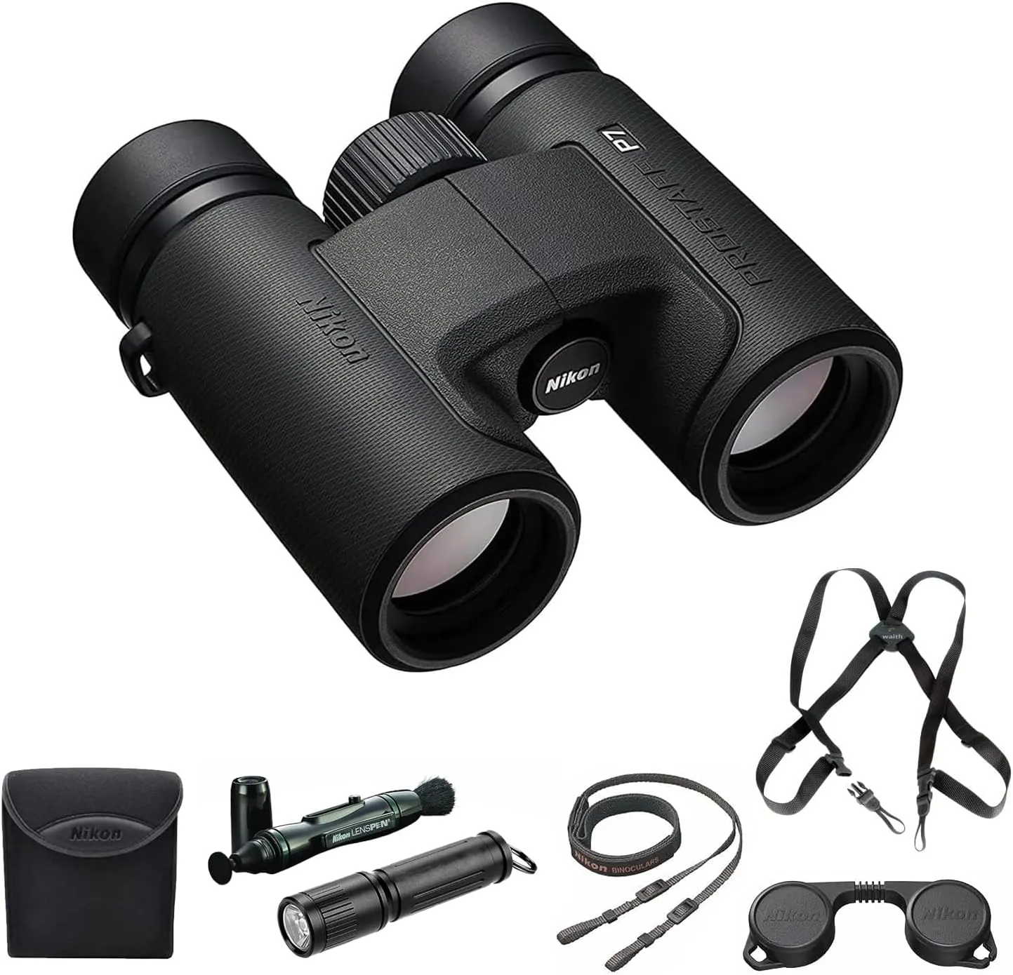 Nikon PROSTAFF P7 8x30 Waterproof Binocular for Adults | Small & Compact Travel Binoculars for Bird Watching | Binocular Harness Strap, Lens Pen Cleaning System, & Flashlight Bundle Set