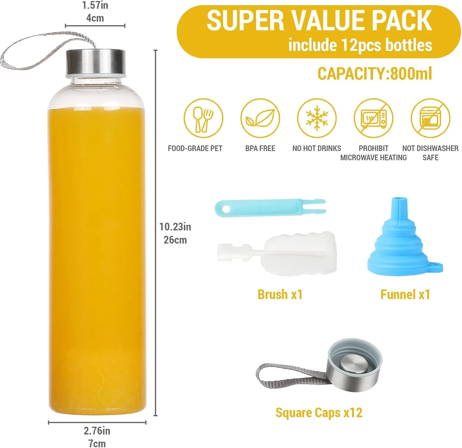 novelinks 27 OZ Plastic Water Bottles Reusable Water Bottles with Airtight Juice Bottle with Stainless Steel Lids for Eco-Friendly Travel Drinks and Beverages,12 Pack