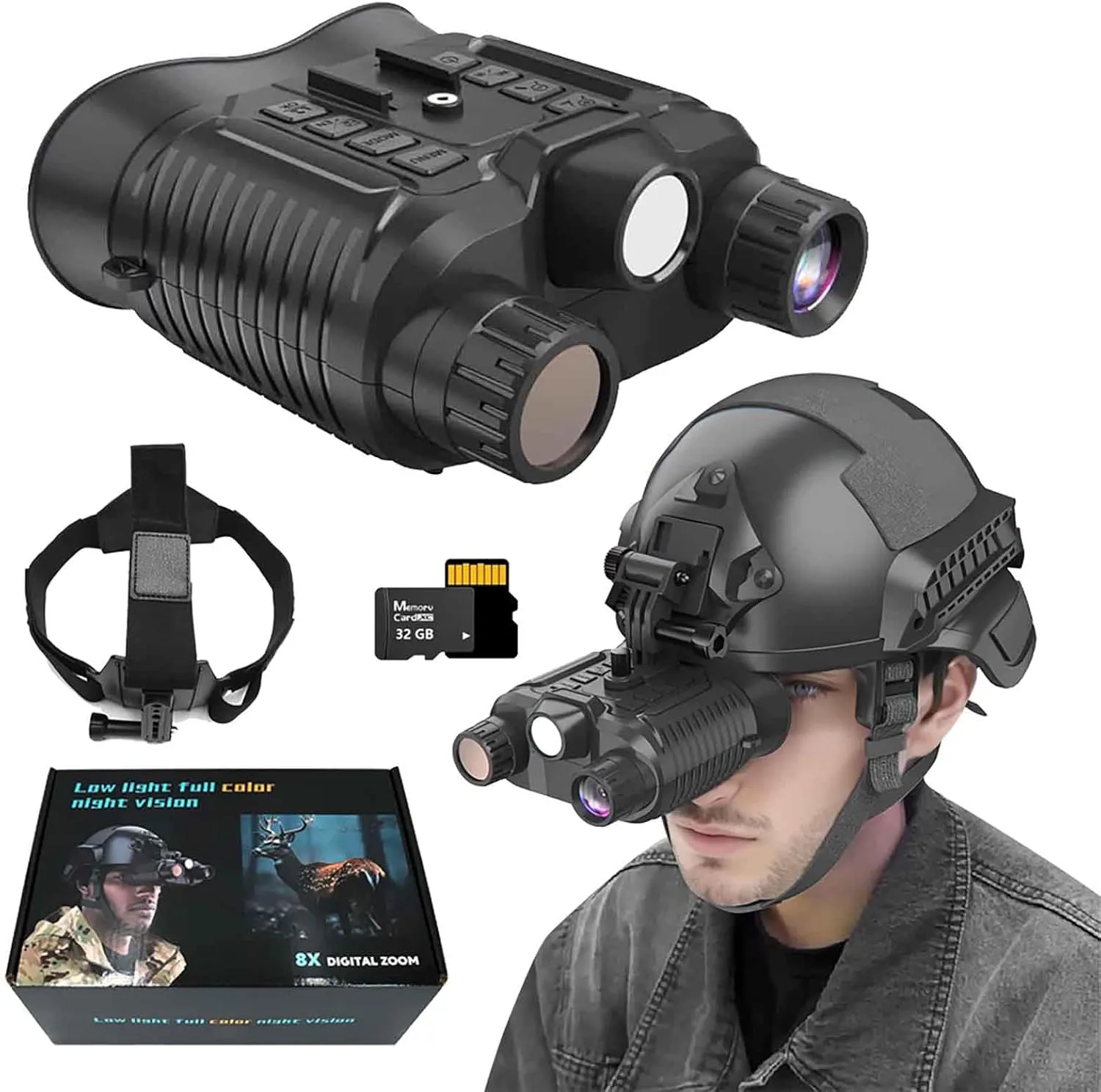 NV8161 Military Tactical Night-Vision Goggles Head Mounted, 4K HD IR Night Vision Binoculars with 8X Digital Zoom, Save Photo and Video with 32GB Memory Card, Built-in 3000Mah Battery