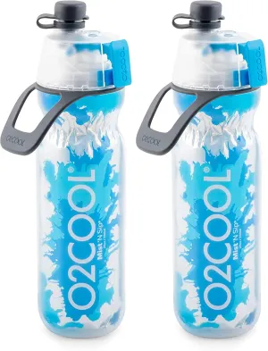 O2COOL Mist 'N Sip Misting Water Bottle 2-in-1 Mist And Sip Function With No Leak Pull Top Spout Reusable Sports Water Bottle - 20 oz (2 Pack Splash Blue)