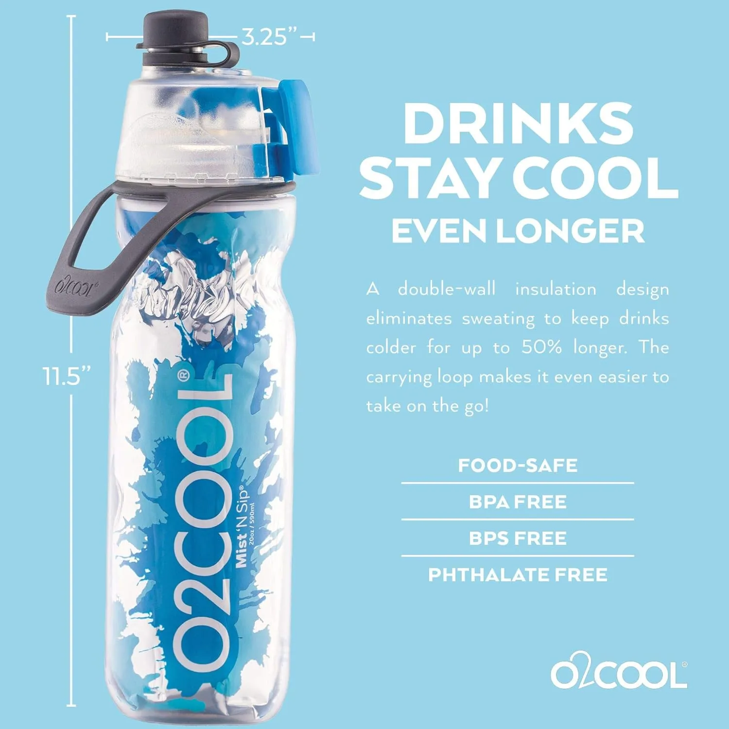 O2COOL Mist 'N Sip Misting Water Bottle 2-in-1 Mist And Sip Function With No Leak Pull Top Spout Reusable Sports Water Bottle - 20 oz (2 Pack Splash Blue)
