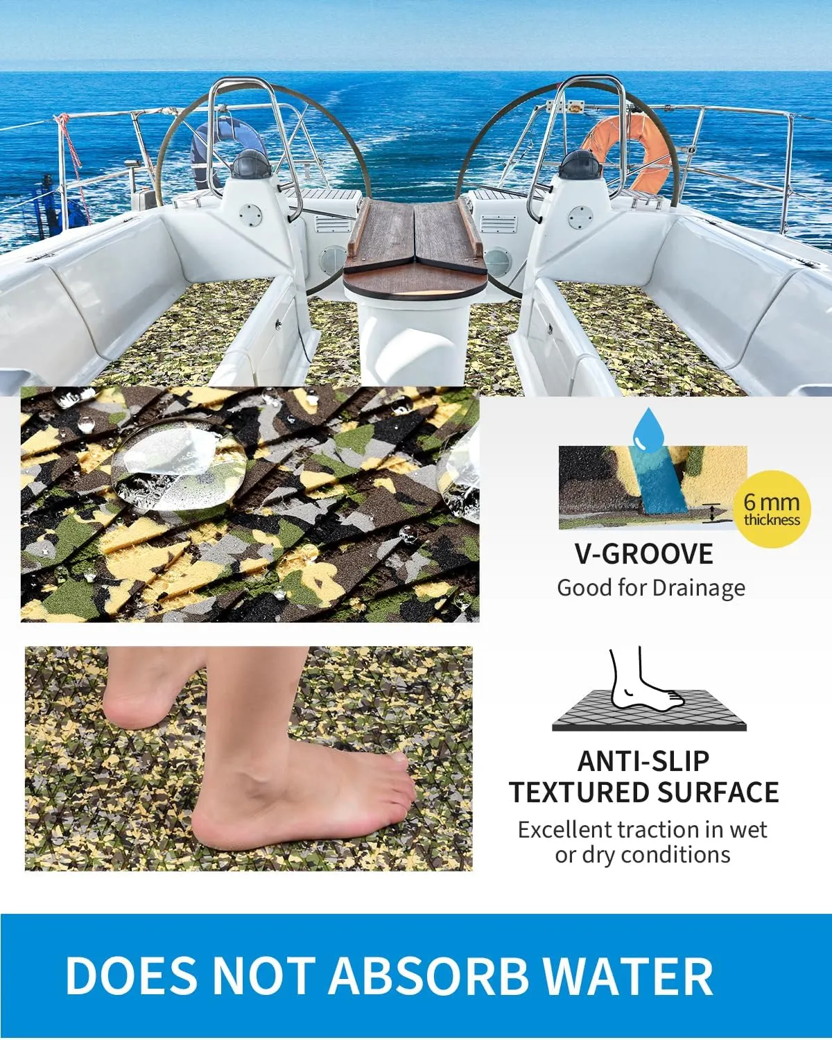 OCEANBROAD Self-Adhesive 96''x16''/23''/38''/47'' Camouflage Boat Flooring Non-Slip Traction Pad EVA Foam Sheet for Jon Boat Surfboard SUP Board Kayak, Camo Black/Blue/Green/Brown/Yellow/Gray