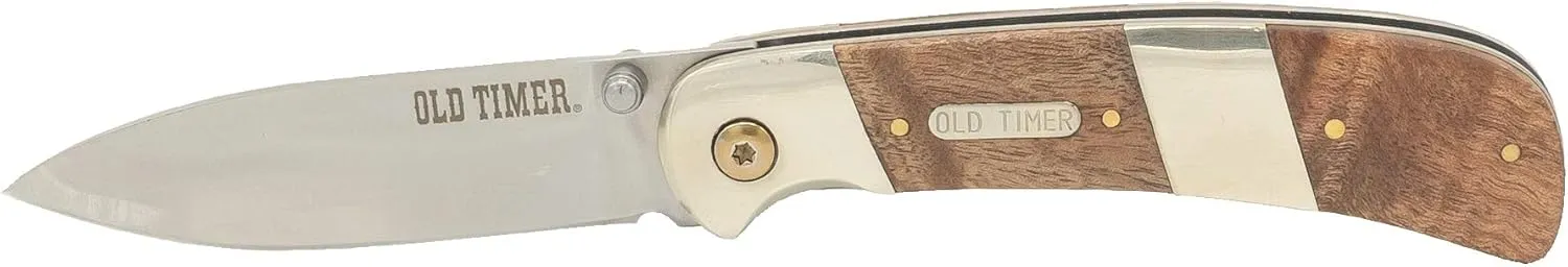 Old Timer OT Ironwood and Nickel 7in High Carbon S.S. Spring Assisted Folding Knife with a 3in Drop Point Blade and Ironwood Handle for Outdoor, Hunting, Camping and EDC,Brown