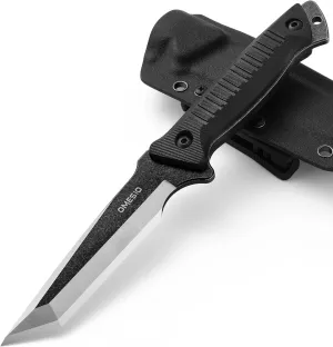 Omesio Tanto Fixed Blade Knife with Kydex Sheath, Outdoor Survival Knife, Tactical Knife Full Tang 420 Stonewashed Steel G10 Handle, Camping Hiking Gifts for Men (Black)