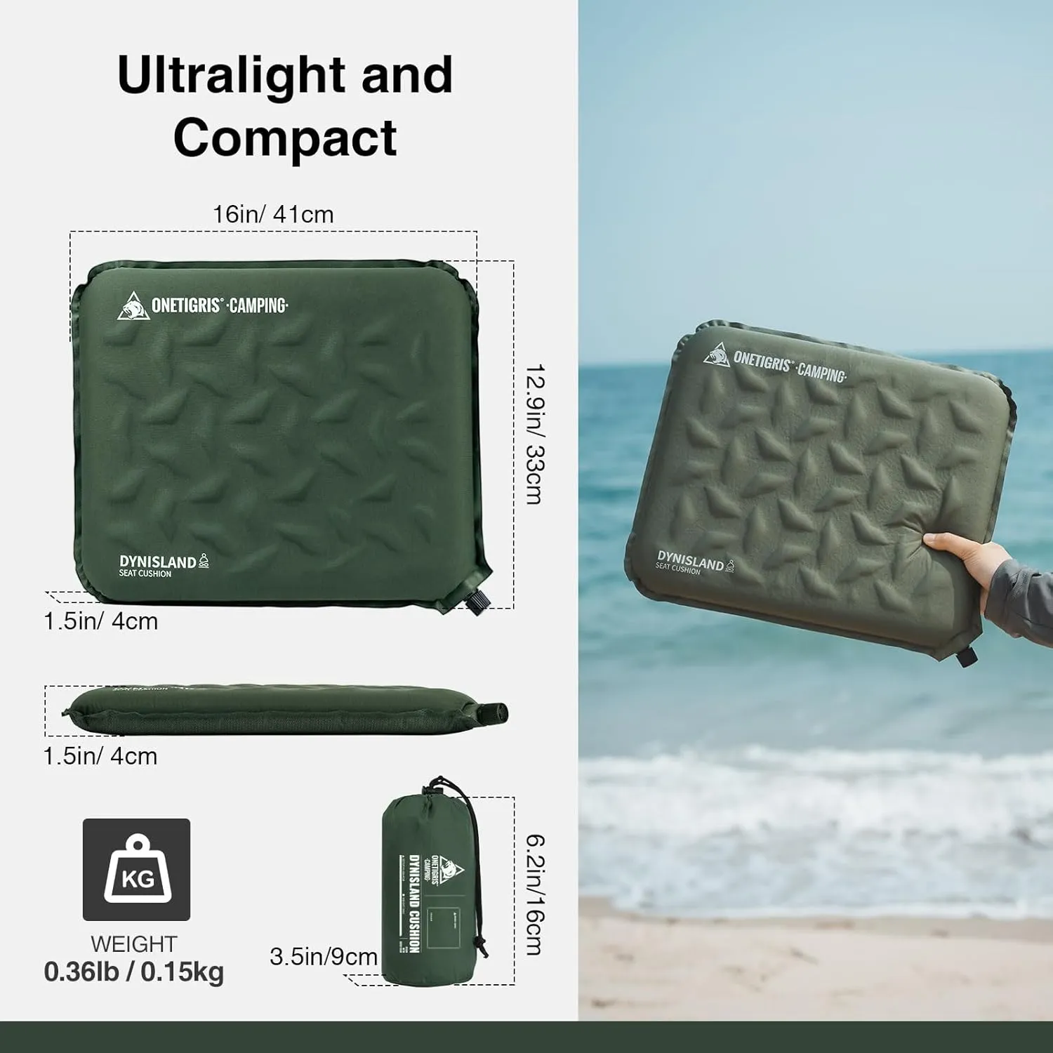 ONETIGRIS Inflatable Seat Cushion - Lightweight Self-Inflating Memory Foam Seat Cushion for Stadiums, Camping, Bleachers, Airplane Travel,Waterproof Portable