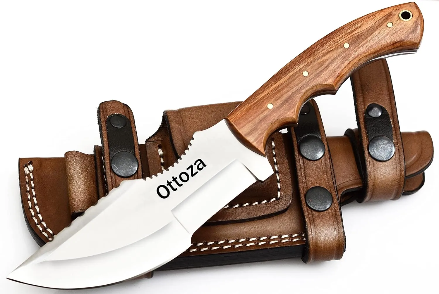 Ottoza D2 Steel Tracker Knife with Sheath & Wood Handle, Outdoor Knife Survival Knife Camping Knife - D2 Knife - D2 Steel Fixed Blade Hunting Knives for Men Horizontal Carry Knife Sheath