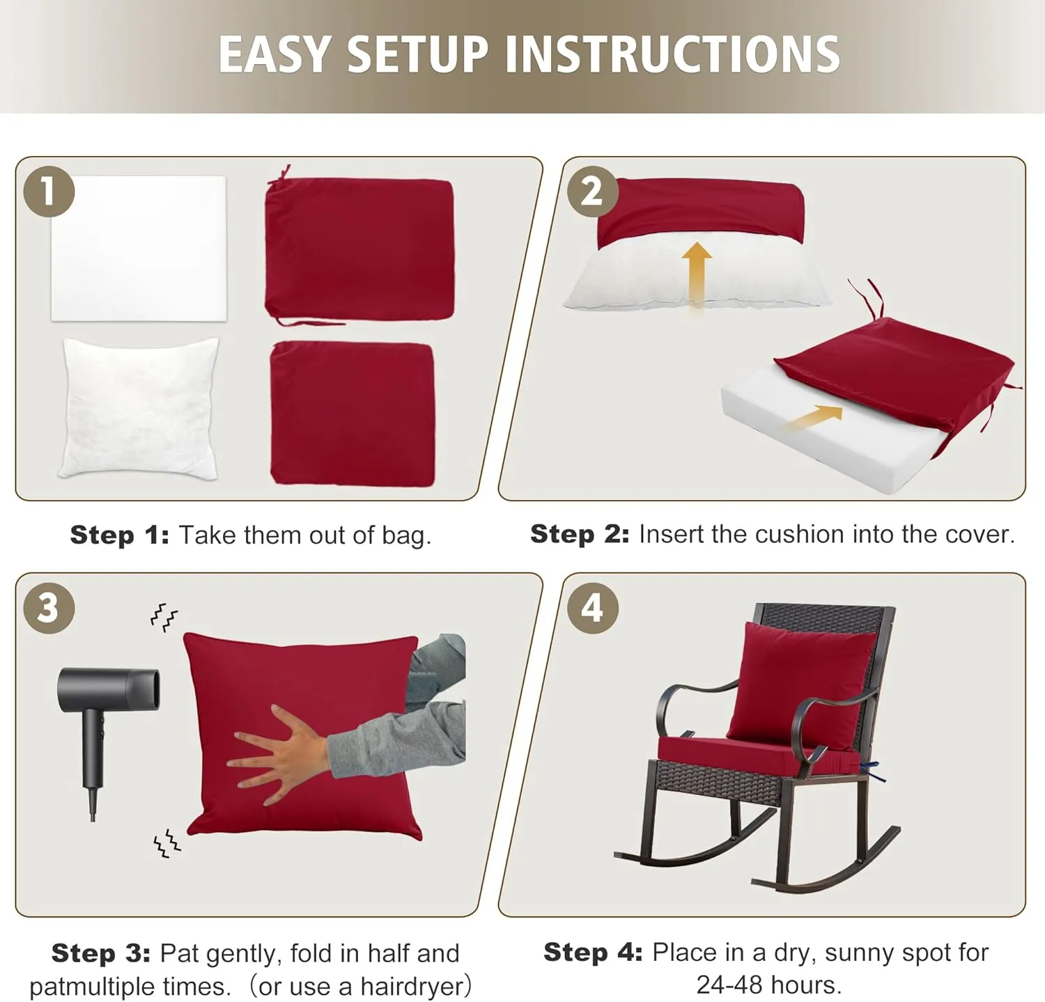 Outdoor Cushions for Patio Furniture, Waterproof Outdoor Chair Cushion w/Fade-Resistant, Removable & Machine-Washable Cover, 22x22 Inch, Deep Seat Sofa/Couch Pad Replacement – Set of 2, Burgundy