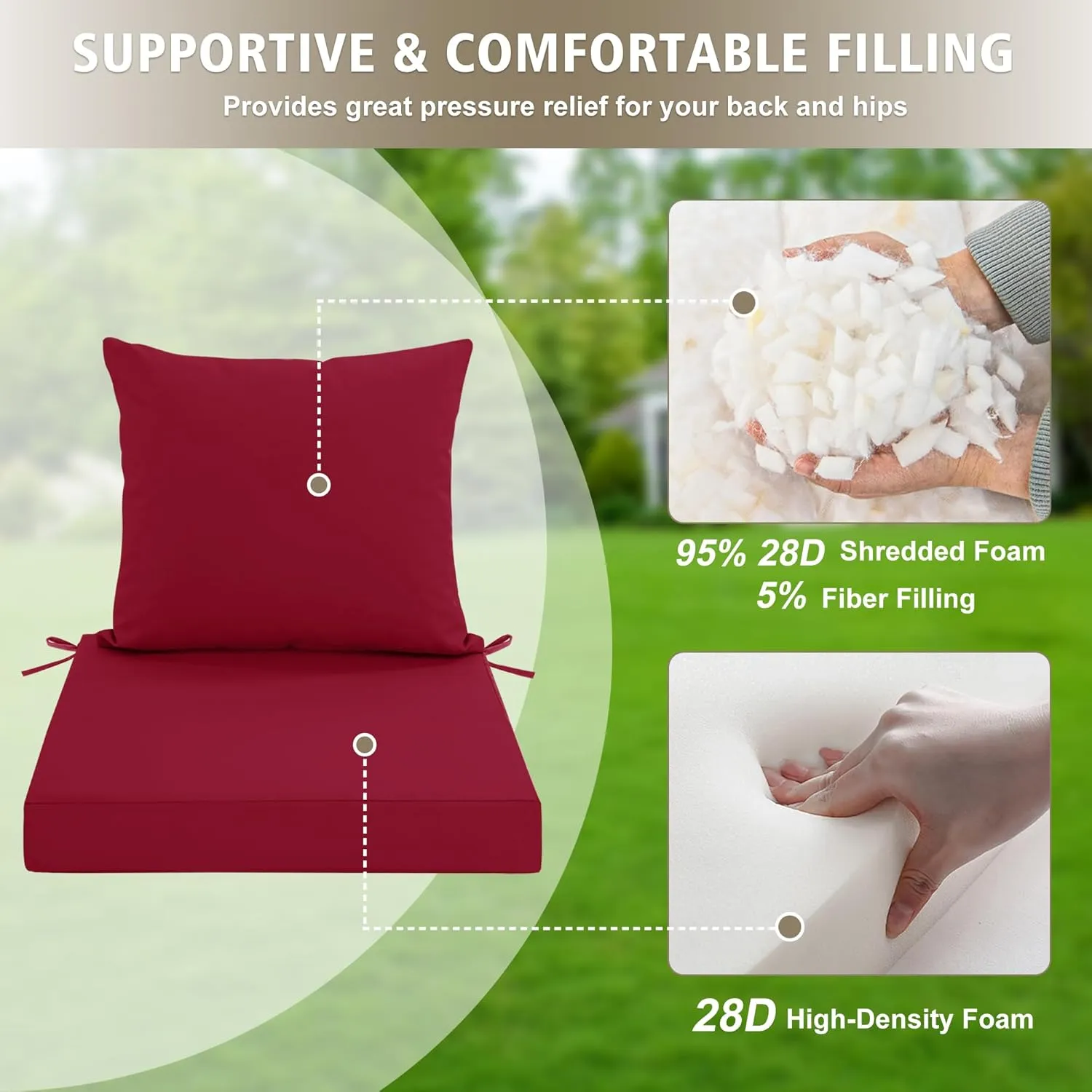 Outdoor Cushions for Patio Furniture, Waterproof Outdoor Chair Cushion w/Fade-Resistant, Removable & Machine-Washable Cover, 22x22 Inch, Deep Seat Sofa/Couch Pad Replacement – Set of 2, Burgundy