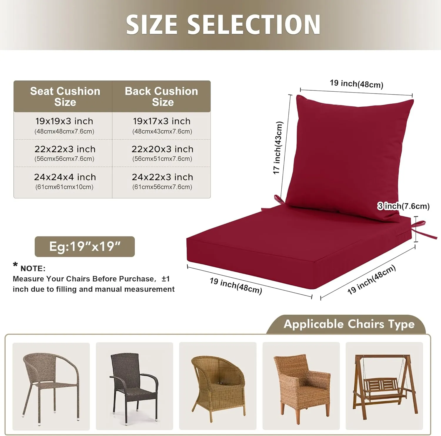 Outdoor Cushions for Patio Furniture, Waterproof Outdoor Chair Cushion w/Fade-Resistant, Removable & Machine-Washable Cover, 22x22 Inch, Deep Seat Sofa/Couch Pad Replacement – Set of 2, Burgundy