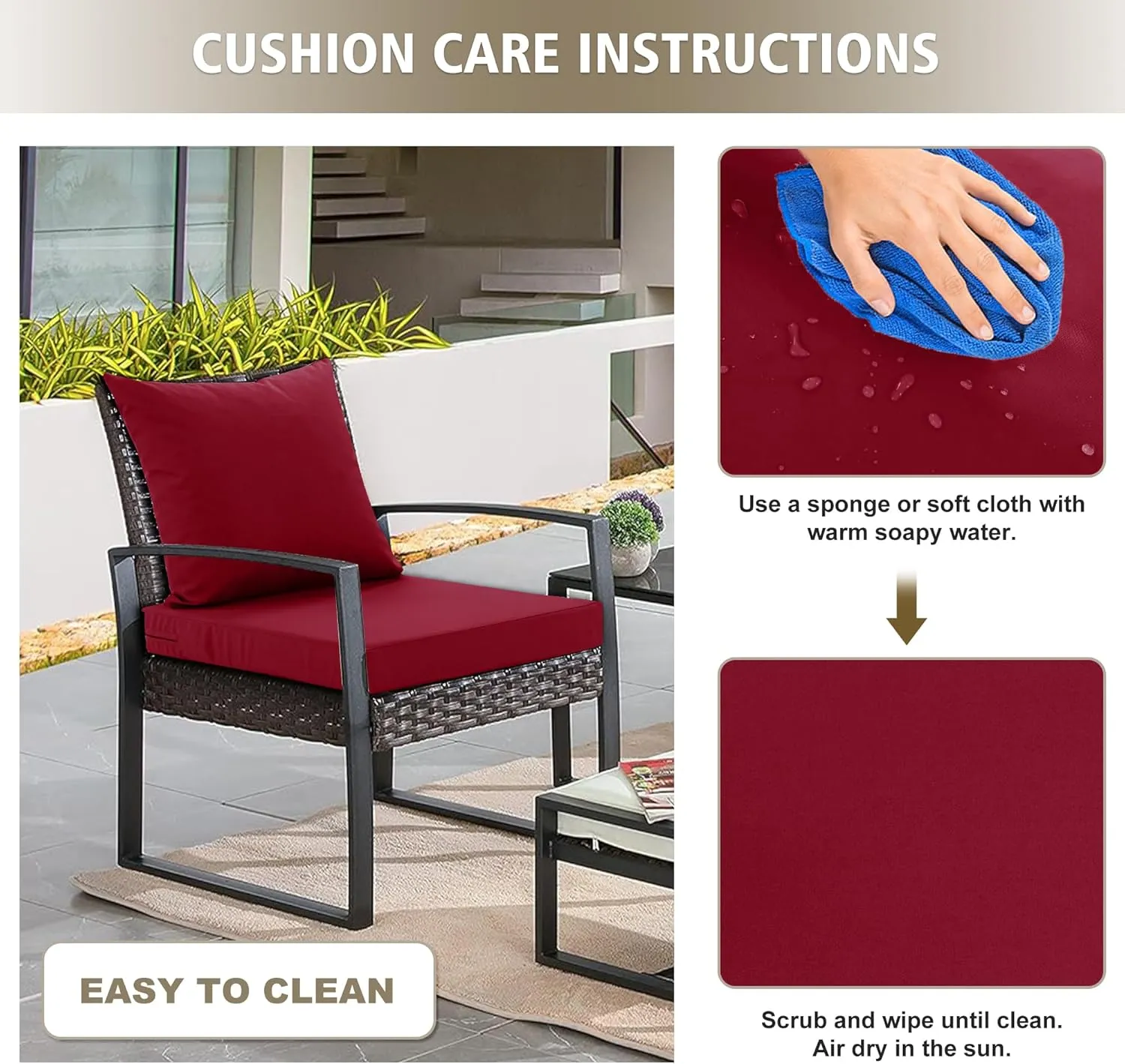 Outdoor Cushions for Patio Furniture, Waterproof Outdoor Chair Cushion w/Fade-Resistant, Removable & Machine-Washable Cover, 22x22 Inch, Deep Seat Sofa/Couch Pad Replacement – Set of 2, Burgundy
