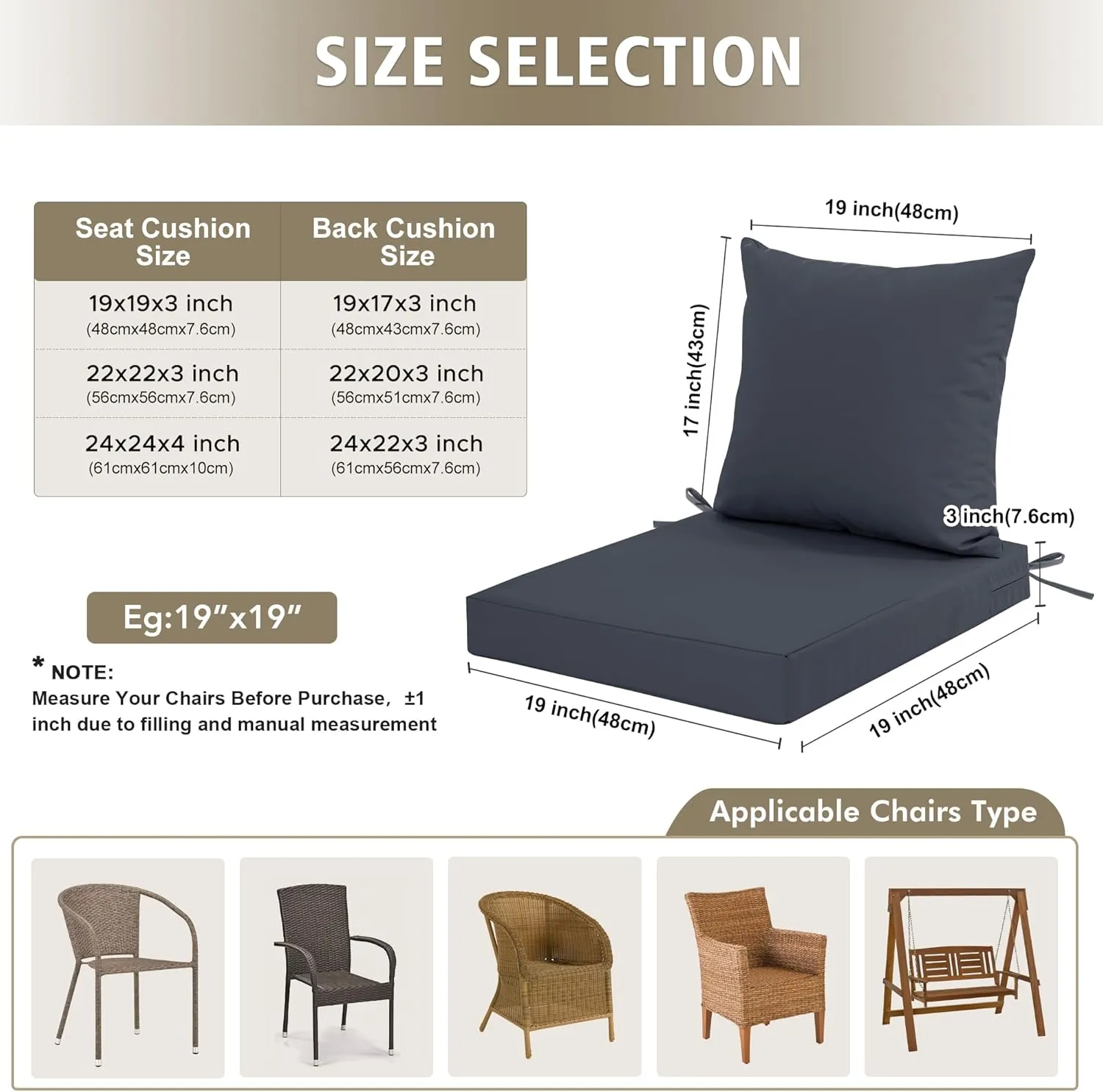 Outdoor Cushions for Patio Furniture, Waterproof Outdoor Chair Cushion w/Fade-Resistant, Removable & Machine-Washable Cover, 22x22 Inch, Deep Seat Sofa/Couch Pad Replacement – Set of 2, Dark Grey