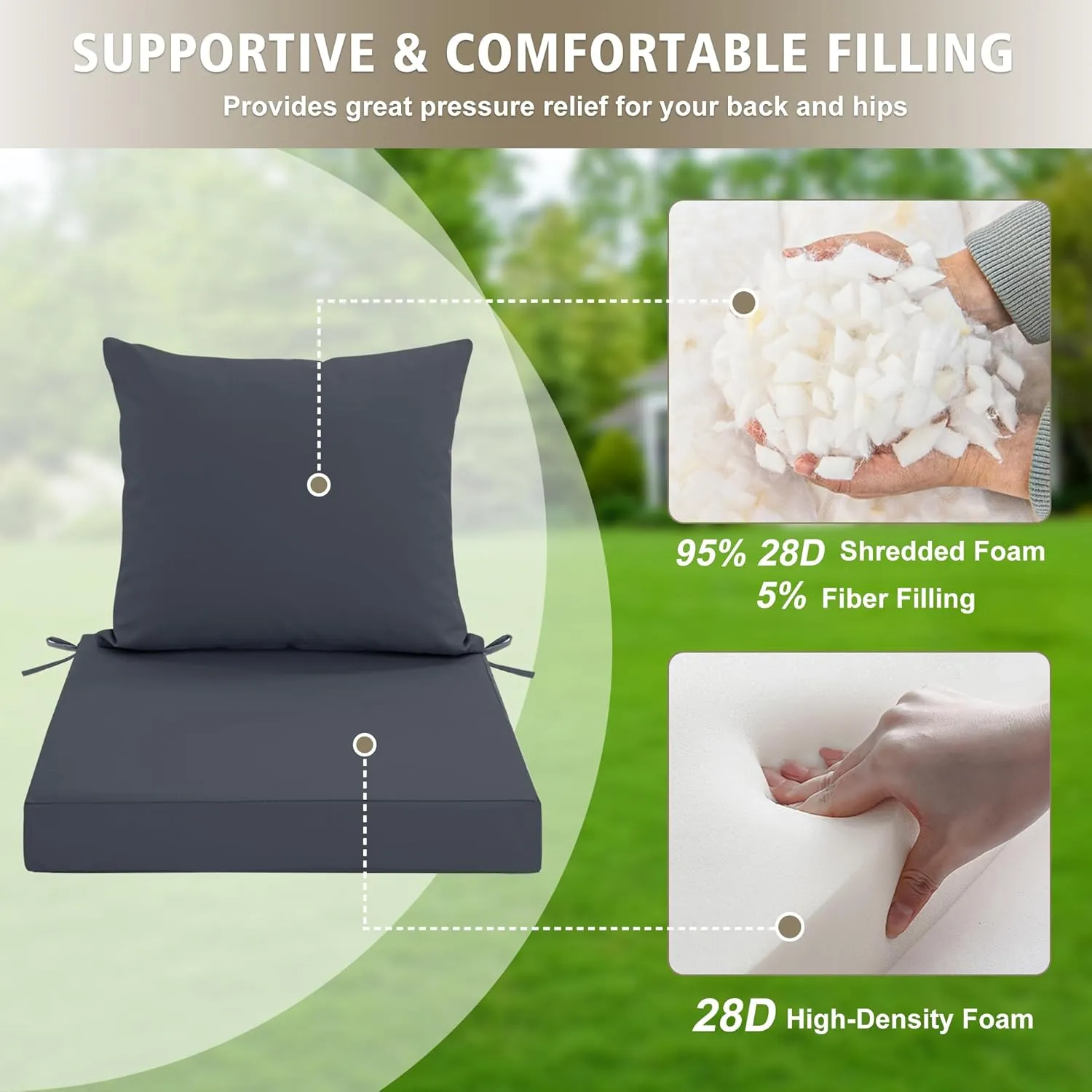 Outdoor Cushions for Patio Furniture, Waterproof Outdoor Chair Cushion w/Fade-Resistant, Removable & Machine-Washable Cover, 22x22 Inch, Deep Seat Sofa/Couch Pad Replacement – Set of 2, Dark Grey