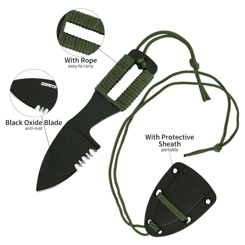 Outdoor Fixed-Blade Neck Knife with Black Rubber Handle and Sheath