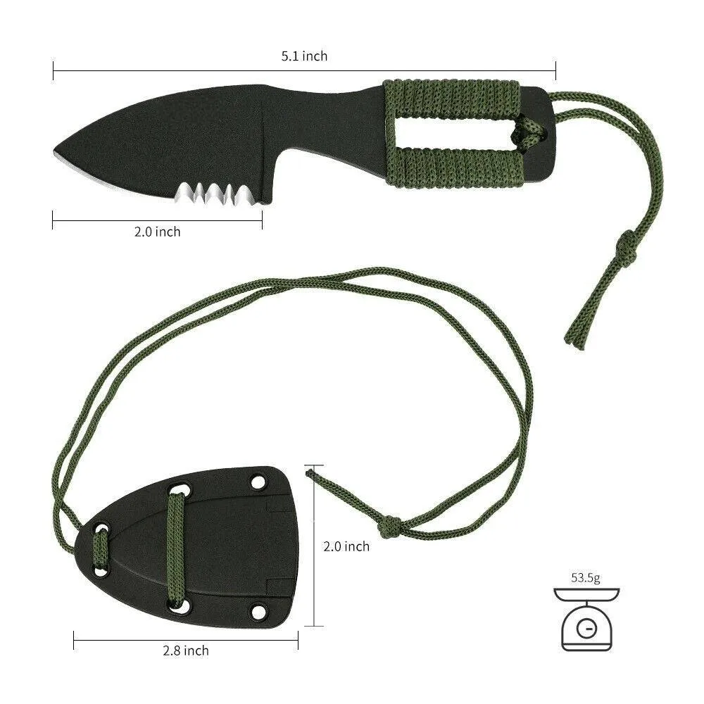Outdoor Fixed-Blade Neck Knife with Black Rubber Handle and Sheath