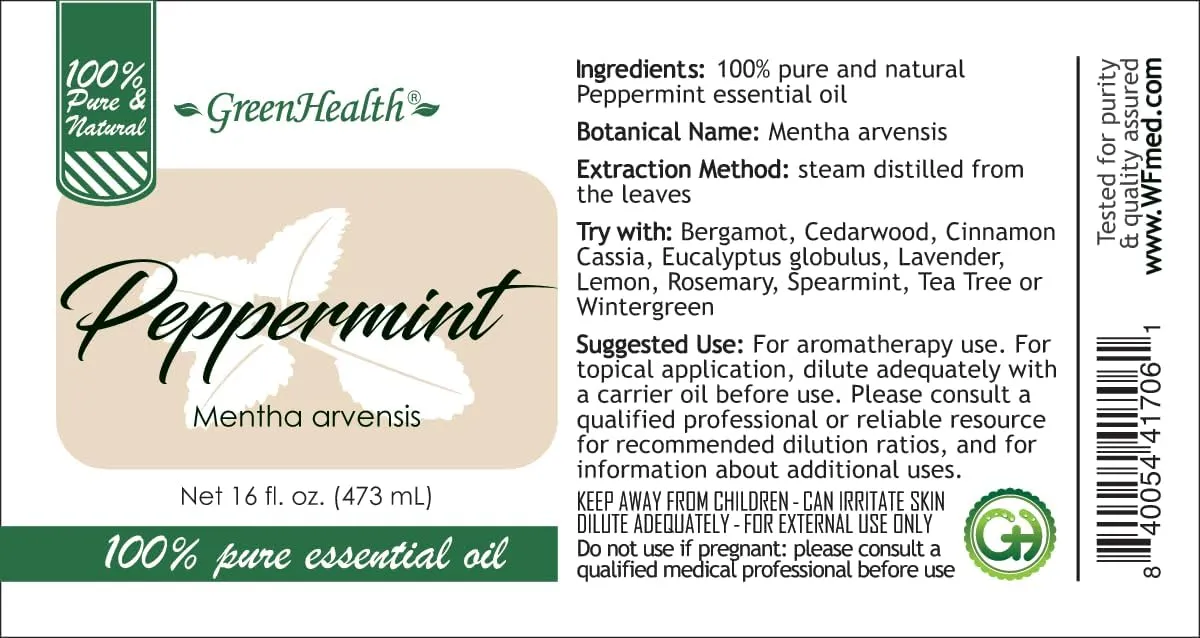 Pack of 2-16 fl oz - Peppermint Essential Oil - 100% Uncut - GreenHealth