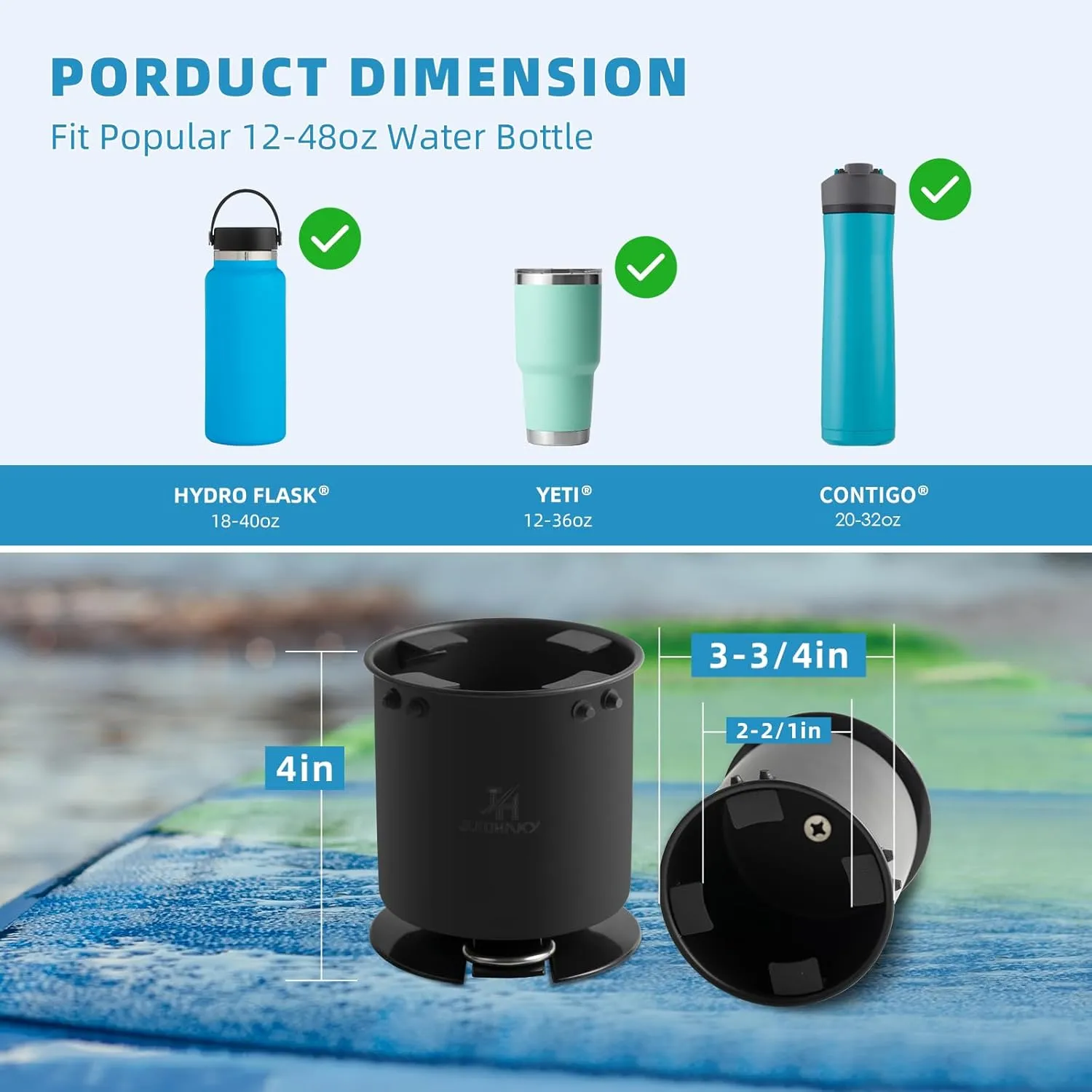 Pack of 2 Stainless Steel Paddle Board Cup Holder, Multi-Functional SUP Cup Holder for Drink with Action Mount (Black), Inflatable Stand Up Paddle Board Accessories Fits Large Water Bottle