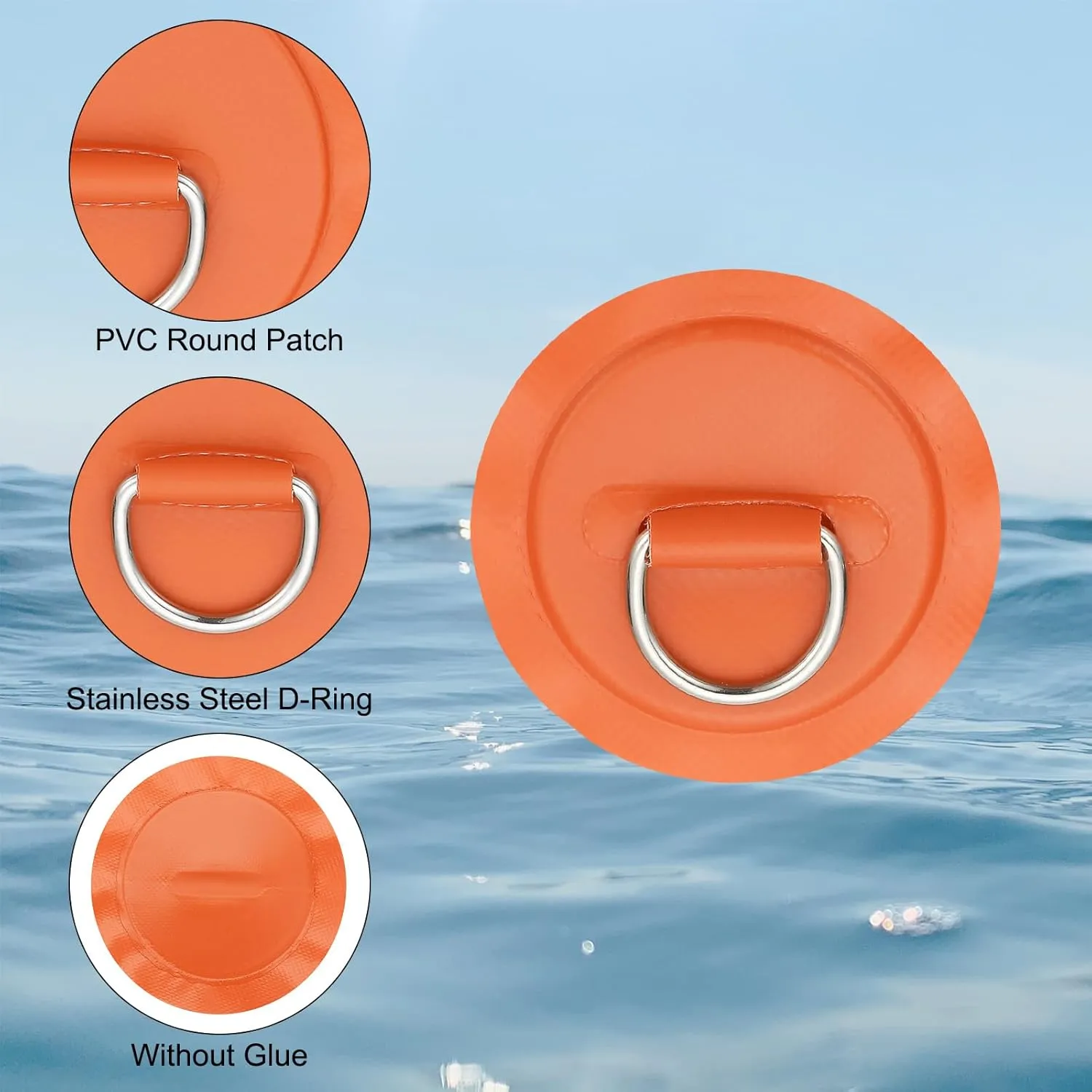 PATIKIL 3.1" Paddle Board D Rings, 12 Pcs Stainless Steel D-Ring PVC Patch Pad No Glue Include for Raft Kayak Inflatable Boat Surfboard, Orange