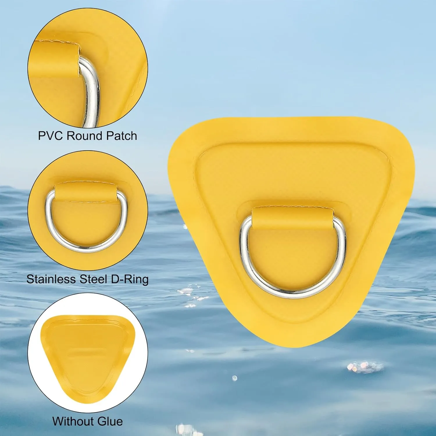 PATIKIL 3.5" Paddle Board D Rings, 6 Pcs Stainless Steel D-Ring PVC Patch Pad No Glue Include for Raft Kayak Inflatable Boat Surfboard, Yellow