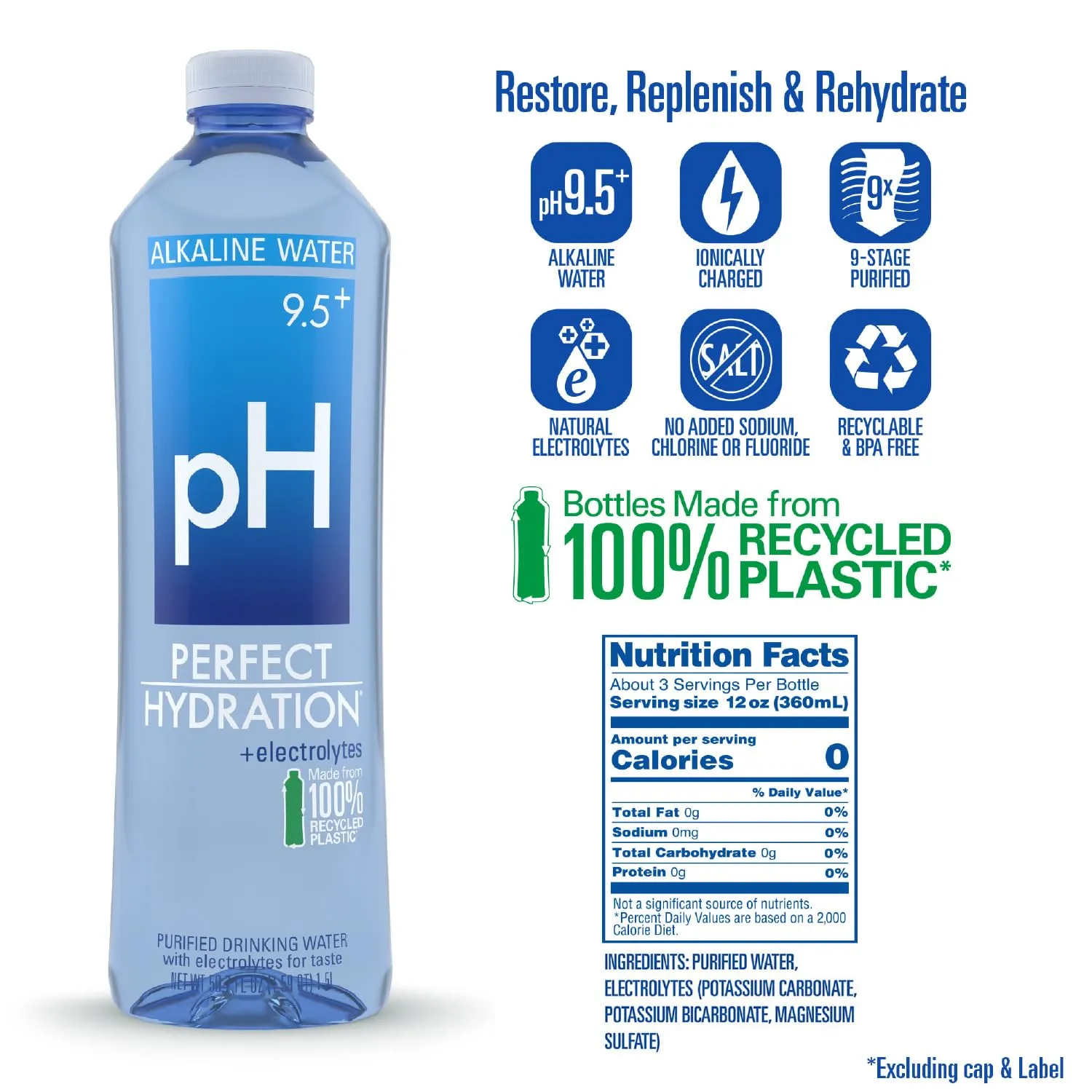 Perfect Hydration 9.5  pH Alkaline Drinking Water, 1.5-Liter Bottle, Case of 12
