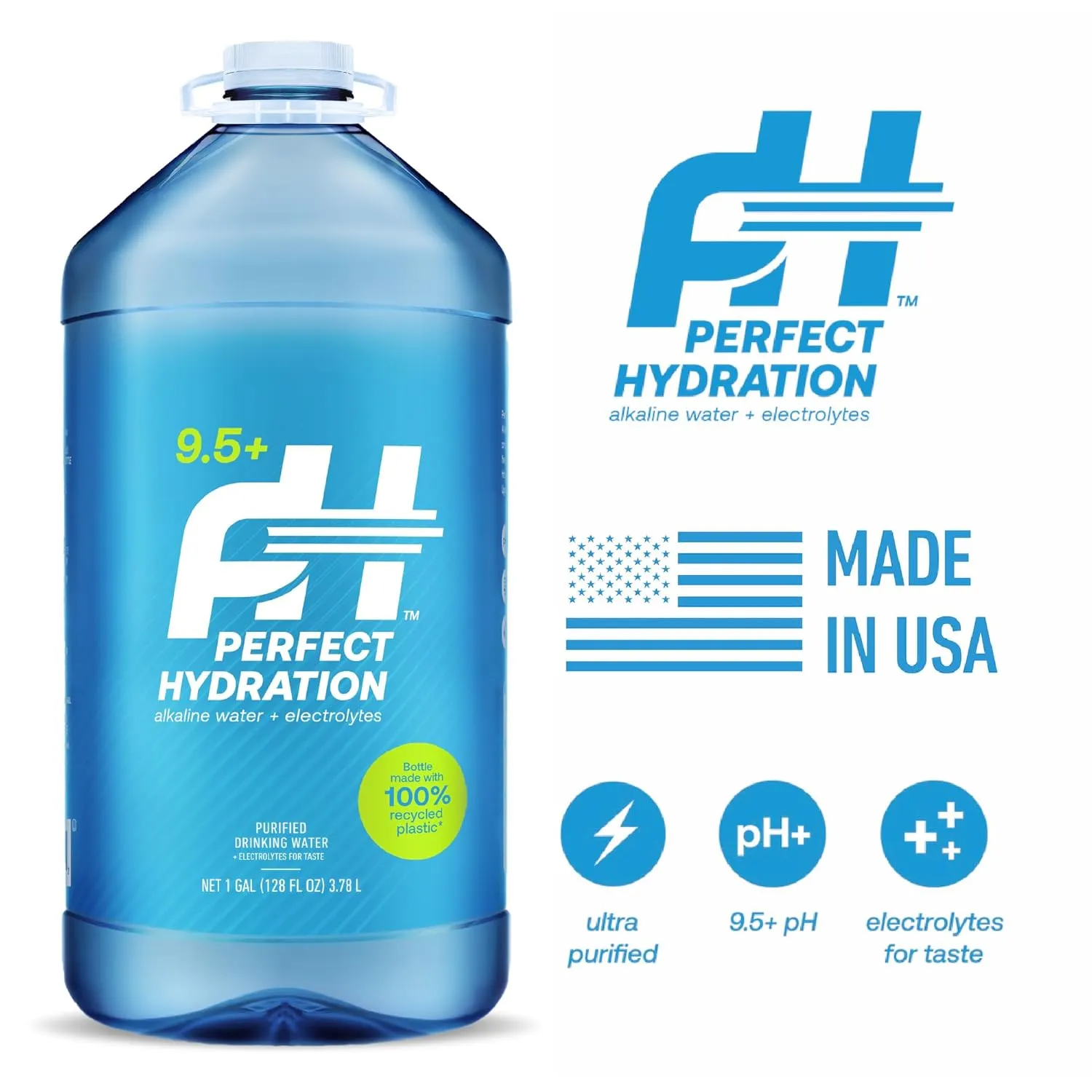 Perfect Hydration 9.5  pH Alkaline Drinking Water, Electrolyte Minerals for Taste, 8 Gallons (2 Cases of 128 fl oz Jugs)