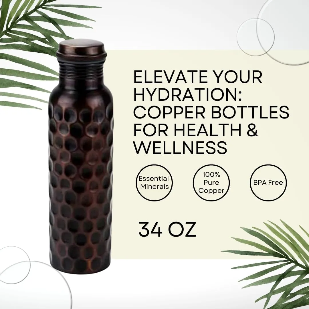 Perilla Home Pure Copper Water Bottle 34 Oz Leak Proof 100% Pure - Ayurvedic Copper Vessel - Drink More Water And Enjoy The Health Benefits Immediately - For Gym, Yoga Bottle (Diamond 2)