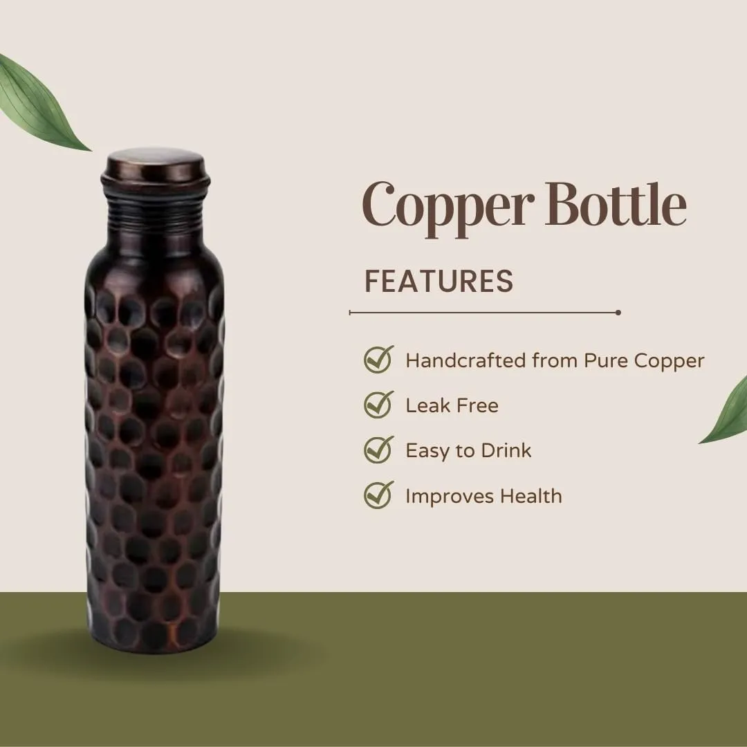 Perilla Home Pure Copper Water Bottle 34 Oz Leak Proof 100% Pure - Ayurvedic Copper Vessel - Drink More Water And Enjoy The Health Benefits Immediately - For Gym, Yoga Bottle (Diamond 2)