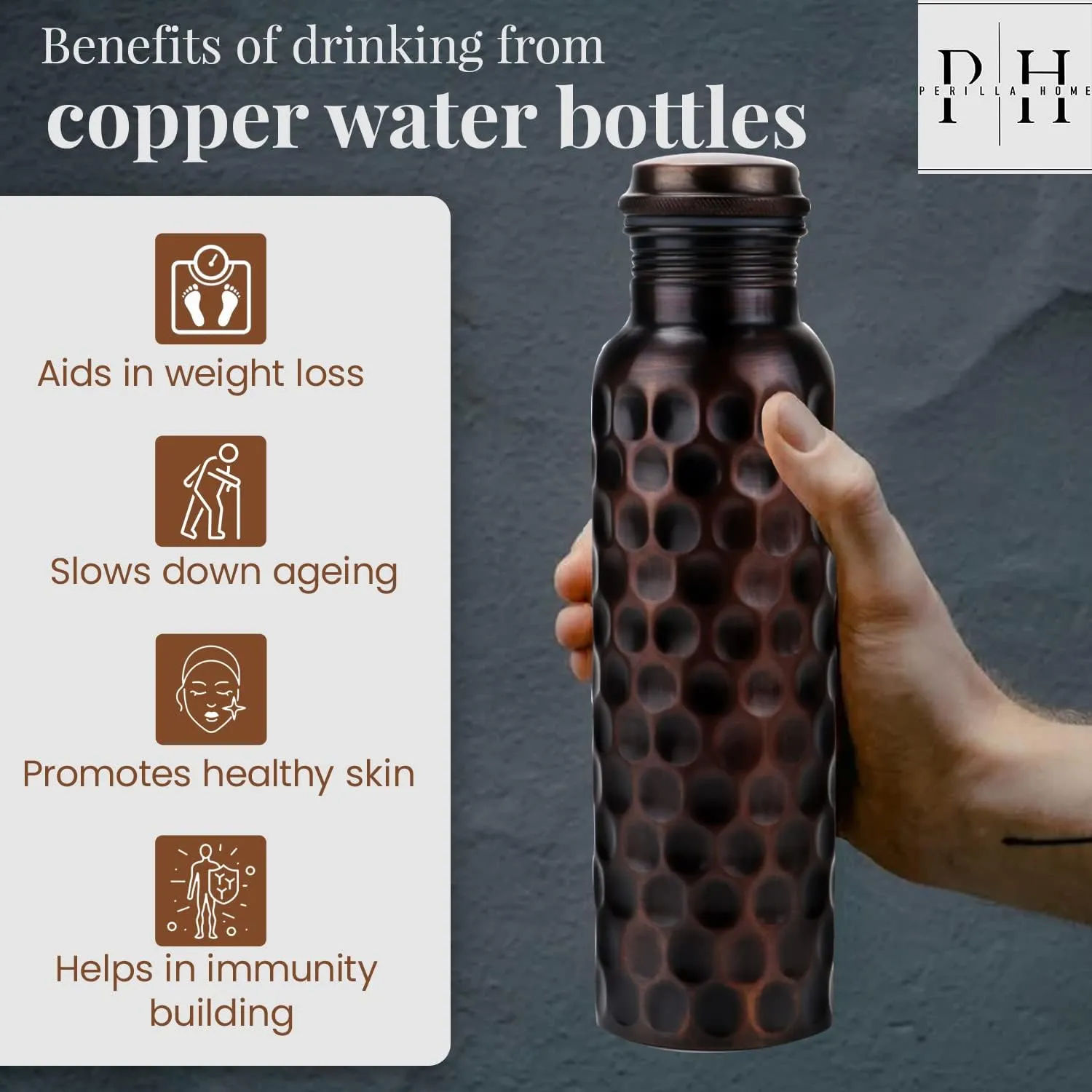 Perilla Home Pure Copper Water Bottle 34 Oz Leak Proof 100% Pure - Ayurvedic Copper Vessel - Drink More Water And Enjoy The Health Benefits Immediately - For Gym, Yoga Bottle (Diamond 2)