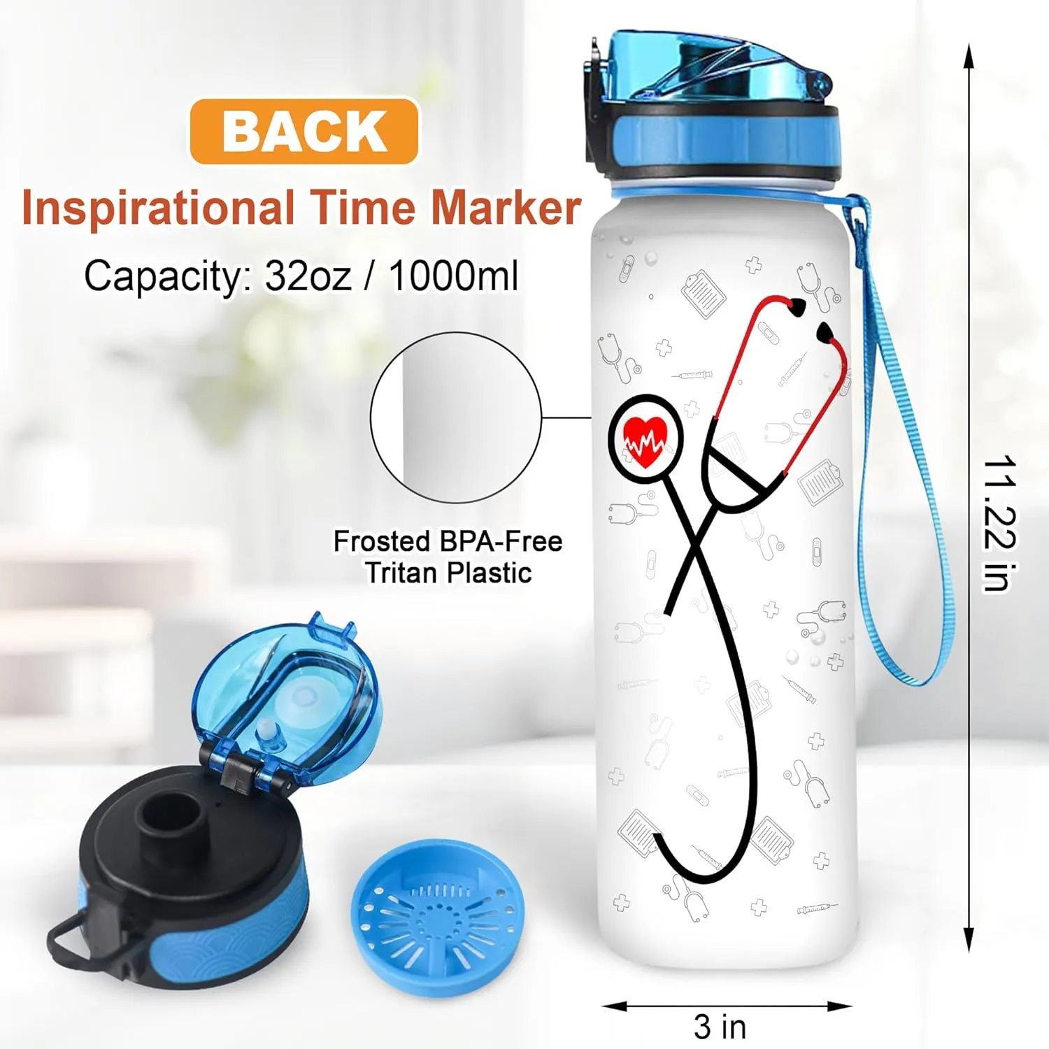 Personalized Nurse Stethoscope 32oz 1Liter Motivational Water Bottle, Customized Name Nurse, Gifts For Nurse Graduation - Appreciation Present For Women Coworkers 5.7 x 7 x29.5(cm)