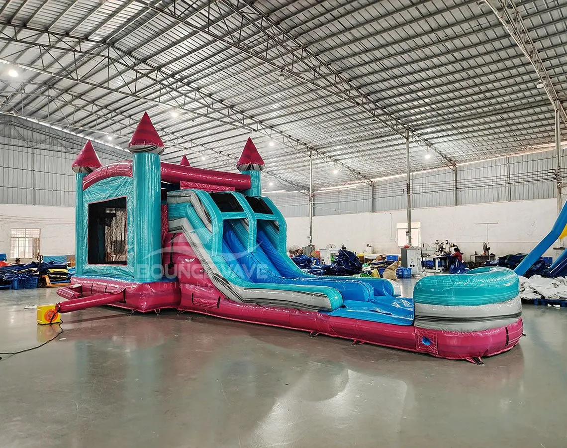 Pink Teal Palace Splash & Save Bounce House with Dual Lane Slide (Wet/Dry)