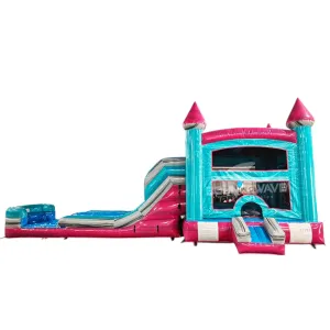 Pink Teal Palace Splash & Save Bounce House with Dual Lane Slide (Wet/Dry)