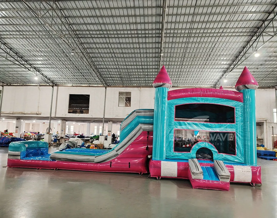 Pink Teal Palace Splash & Save Bounce House with Dual Lane Slide (Wet/Dry)