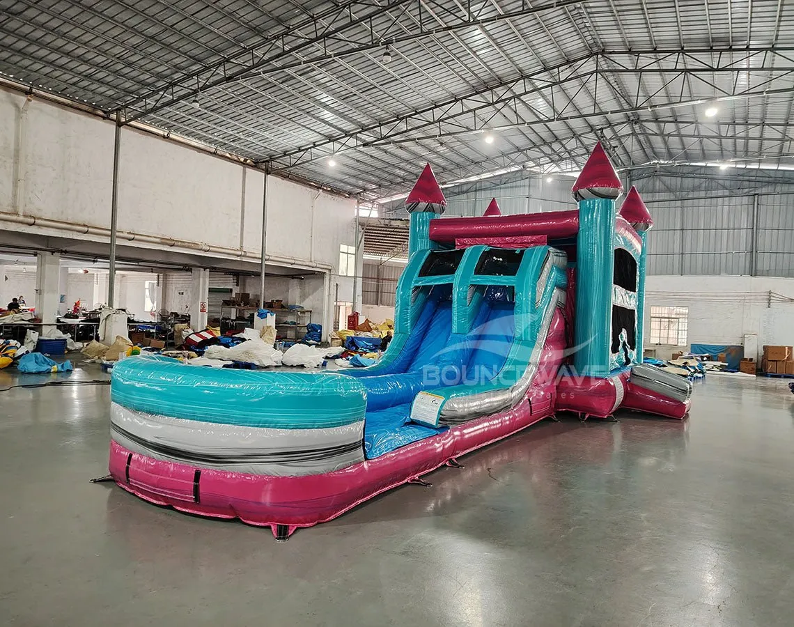 Pink Teal Palace Splash & Save Bounce House with Dual Lane Slide (Wet/Dry)