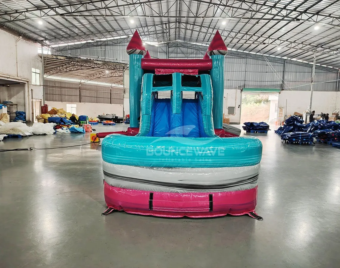 Pink Teal Palace Splash & Save Bounce House with Dual Lane Slide (Wet/Dry)