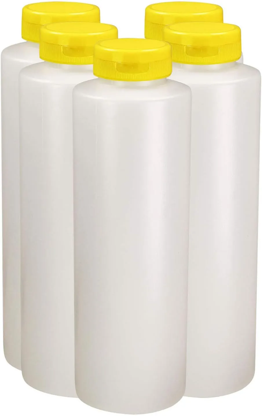 Pinnacle Mercantile Condiment Squeeze Bottles with Flip Top Hinged Yellow Cap 16 oz Set of 5 (Perfect for Condiments, Sauces, Dressings, BBQ, Ketchup) Made USA