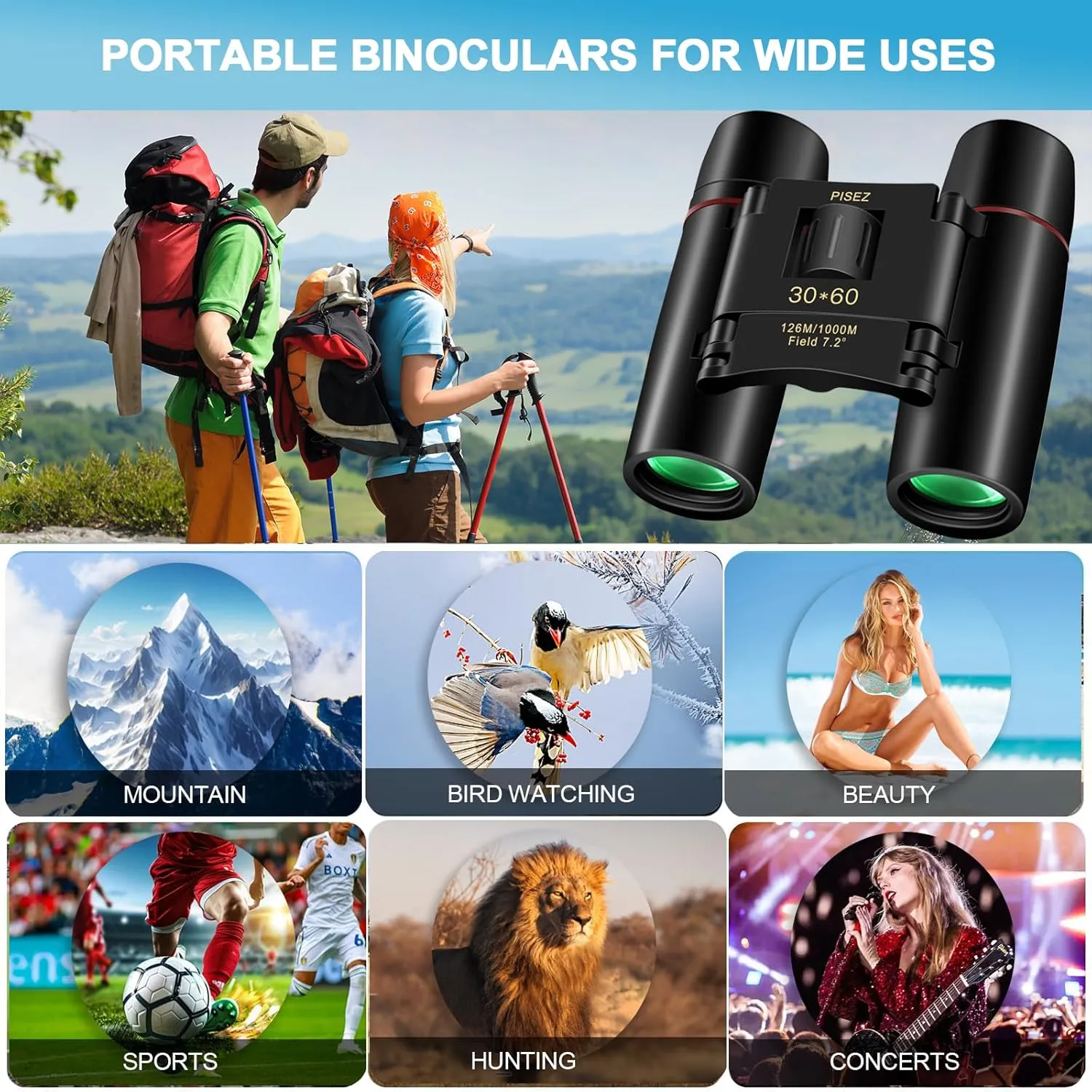 PISEZ 30X60 Compact Binoculars for Adults and Kids，Lightweight Foldable Easy Focus Small Binoculars for Bird Watching Hunting Concert Traveling Theater Opera Sightseeing