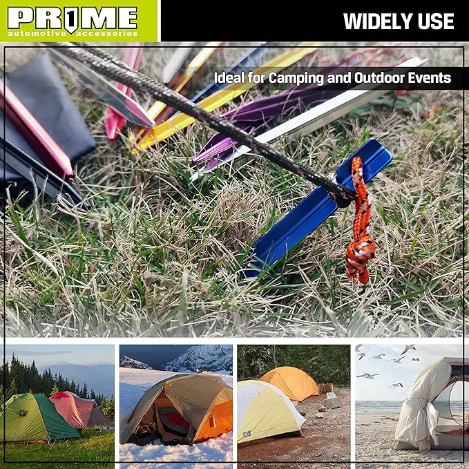 PR1ME Aluminum Tent Stakes, 12 Pack Lightweight Stakes Pegs Heavy Duty Camping Spikes, Ultralight Tent Nail with Reflective Rope, Carry Bag, Tent Accessories for Camping Rain Tarps Hiking Backpacking