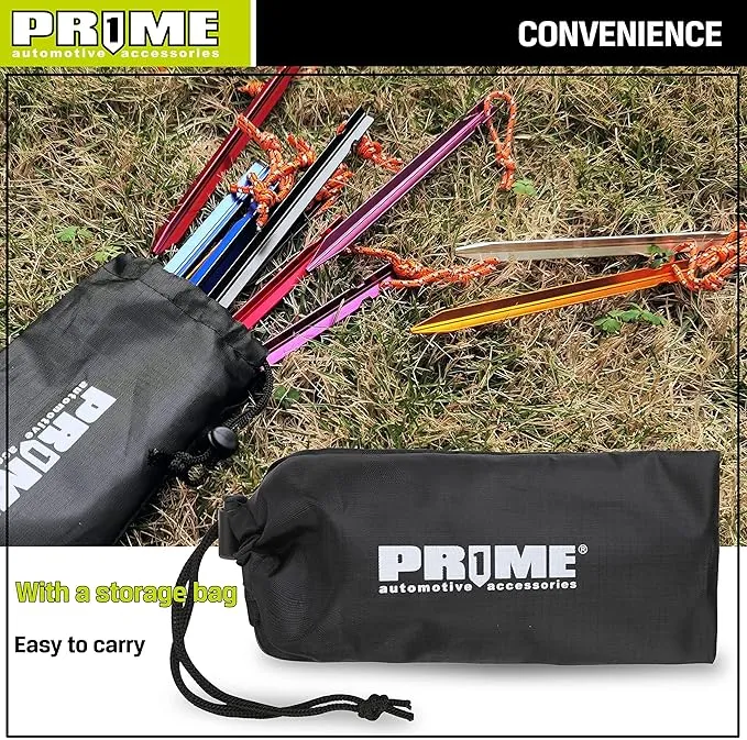 PR1ME Aluminum Tent Stakes, 12 Pack Lightweight Stakes Pegs Heavy Duty Camping Spikes, Ultralight Tent Nail with Reflective Rope, Carry Bag, Tent Accessories for Camping Rain Tarps Hiking Backpacking