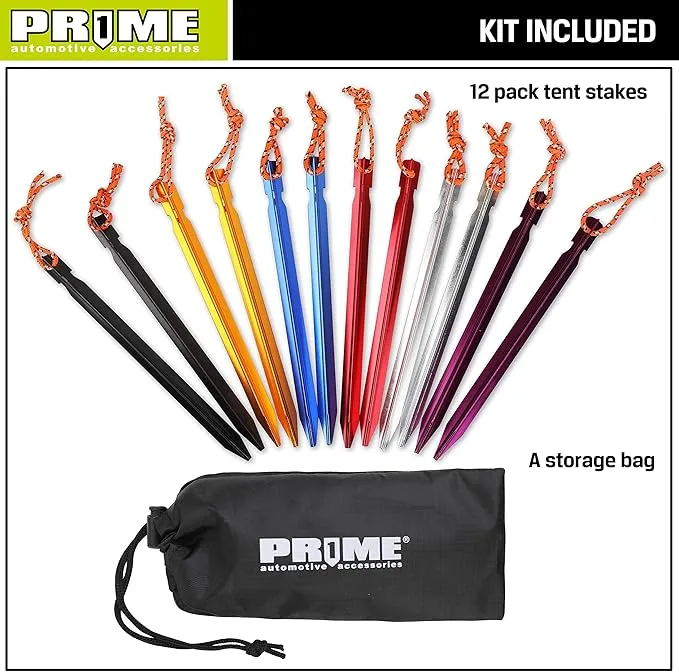 PR1ME Aluminum Tent Stakes, 12 Pack Lightweight Stakes Pegs Heavy Duty Camping Spikes, Ultralight Tent Nail with Reflective Rope, Carry Bag, Tent Accessories for Camping Rain Tarps Hiking Backpacking