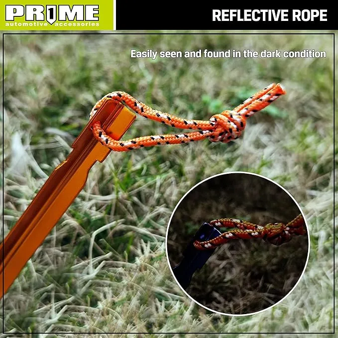 PR1ME Aluminum Tent Stakes, 12 Pack Lightweight Stakes Pegs Heavy Duty Camping Spikes, Ultralight Tent Nail with Reflective Rope, Carry Bag, Tent Accessories for Camping Rain Tarps Hiking Backpacking