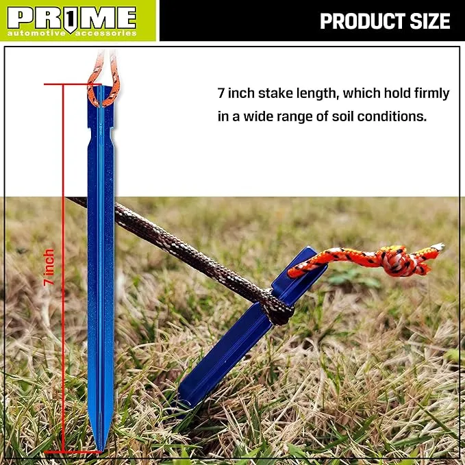 PR1ME Aluminum Tent Stakes, 12 Pack Lightweight Stakes Pegs Heavy Duty Camping Spikes, Ultralight Tent Nail with Reflective Rope, Carry Bag, Tent Accessories for Camping Rain Tarps Hiking Backpacking