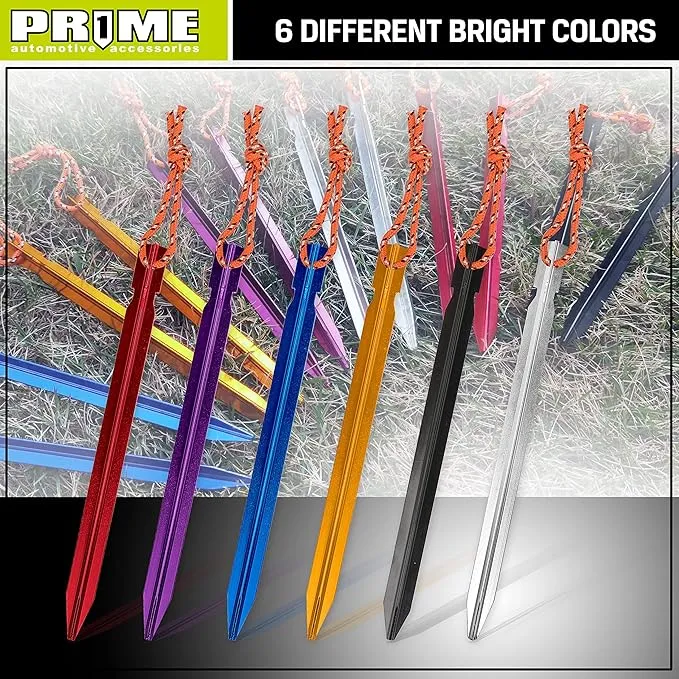 PR1ME Aluminum Tent Stakes, 12 Pack Lightweight Stakes Pegs Heavy Duty Camping Spikes, Ultralight Tent Nail with Reflective Rope, Carry Bag, Tent Accessories for Camping Rain Tarps Hiking Backpacking