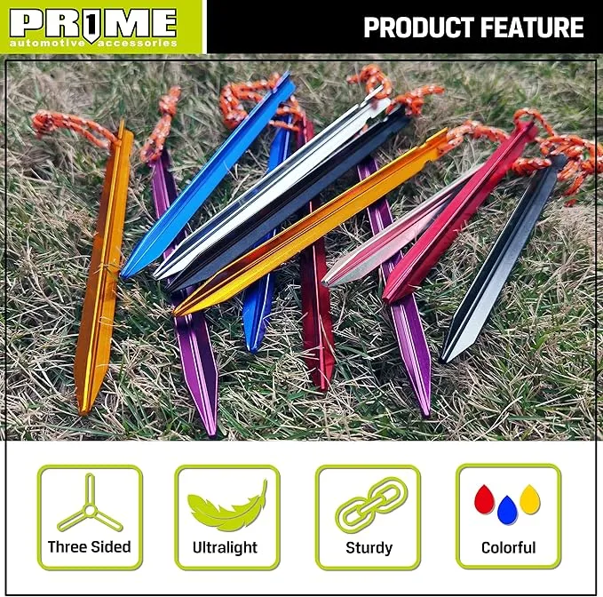 PR1ME Aluminum Tent Stakes, 12 Pack Lightweight Stakes Pegs Heavy Duty Camping Spikes, Ultralight Tent Nail with Reflective Rope, Carry Bag, Tent Accessories for Camping Rain Tarps Hiking Backpacking