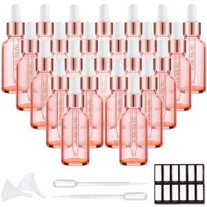 PrettyCare 1 oz Eye Dropper Bottle (24 Pack Rose Glass Bottles 30ml with Measured Pipettes, Golden Caps & 48 Labels, Funnel) Empty Tincture Bottles for Essential Oils, Perfume Pink