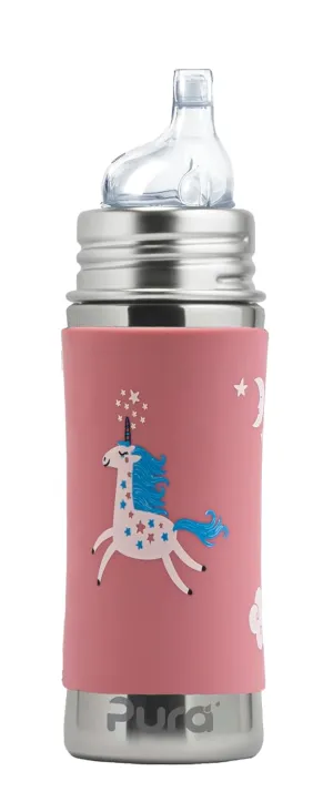 Pura Kiki 11oz/325ml Stainless Steel Sippy Cup Bottle w/Sleeve, Plastic-Free, MadeSafe Certified, Medical-Grade XL Silicone Sipper Spout Fast Flow for Kids, Toddlers, Babies & Infant - Unicorn