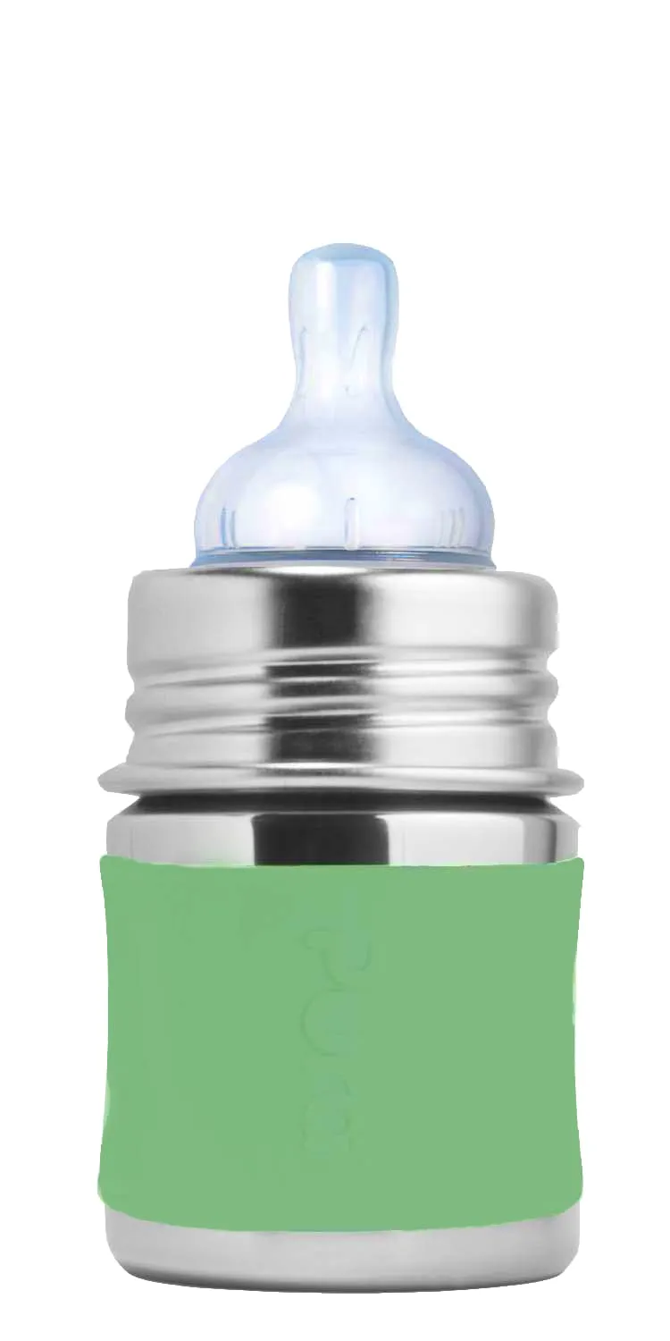 Pura Kiki 5oz/150ml Stainless Steel Anti-Colic Infant Bottle w/Silicone Natural Vent Nipple & Sleeve, 100% Plastic-Free, MadeSafe Certified, Medical-Grade Silicone - Moss Sleeve